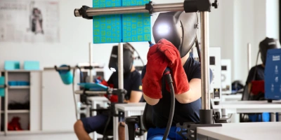 Eine Person ist zu sehen, die sich an virtuellem Schweißen ausprobiert.