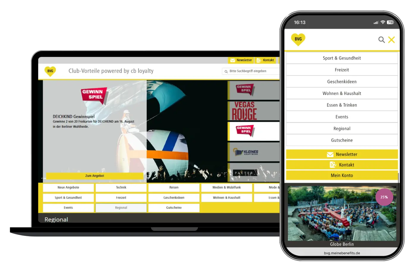 Zu sehen ist die BVG-Club-Plattform auf einem Laptop und einem Handy.