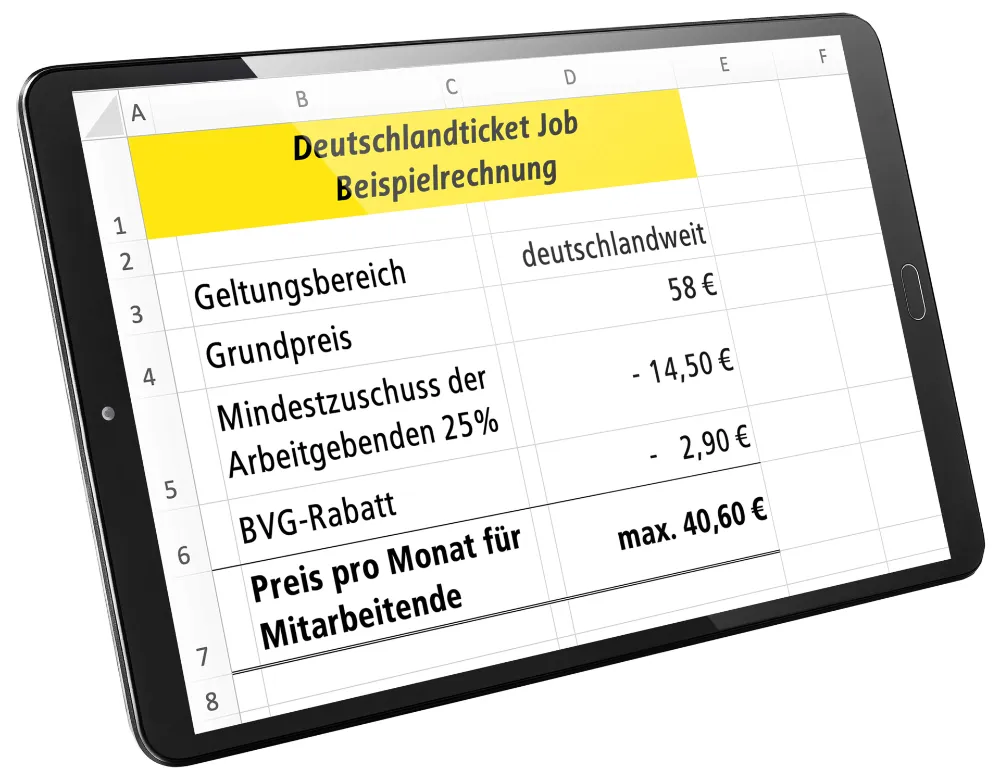 Auf einem Laptop ist eine Tabelle mit einer Beispielrechnung für das BVG-Firmenticket zu sehen.