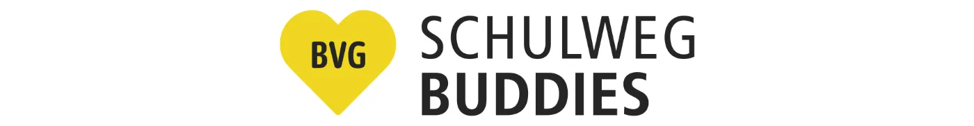 Auf dem Bild ist das Logo der Schulweg Buddies zu sehen. Links ist ein gelbes Herz mit dem Schriftzug BVG und rechts der Text Schulweg Buddies.